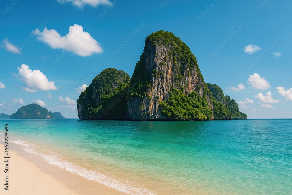Stunning panoramic scene of towering peaks rising from the ocean on a sunny island with crystal-clear turquoise waters Stunning panoramic scene of towering peaks rising from the ocean on a sunny island with crystal-clear turquoise waters