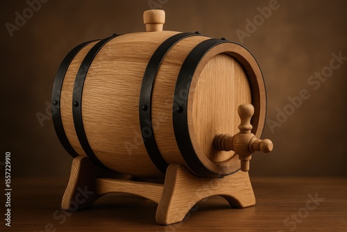 Side perspective of a vintage-inspired wooden cask designed for aging and fermenting spirits and wine, featuring traditional bungs and tap against a softly blurred backdrop. Studio-quality close-up
