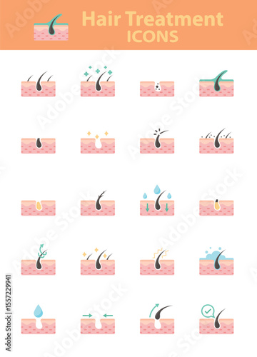 set of hair care icons, epidermis, follicle
