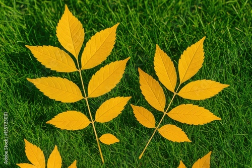 Vivid yellow autumn leaves scattered over a lush green lawn under bright sunlight