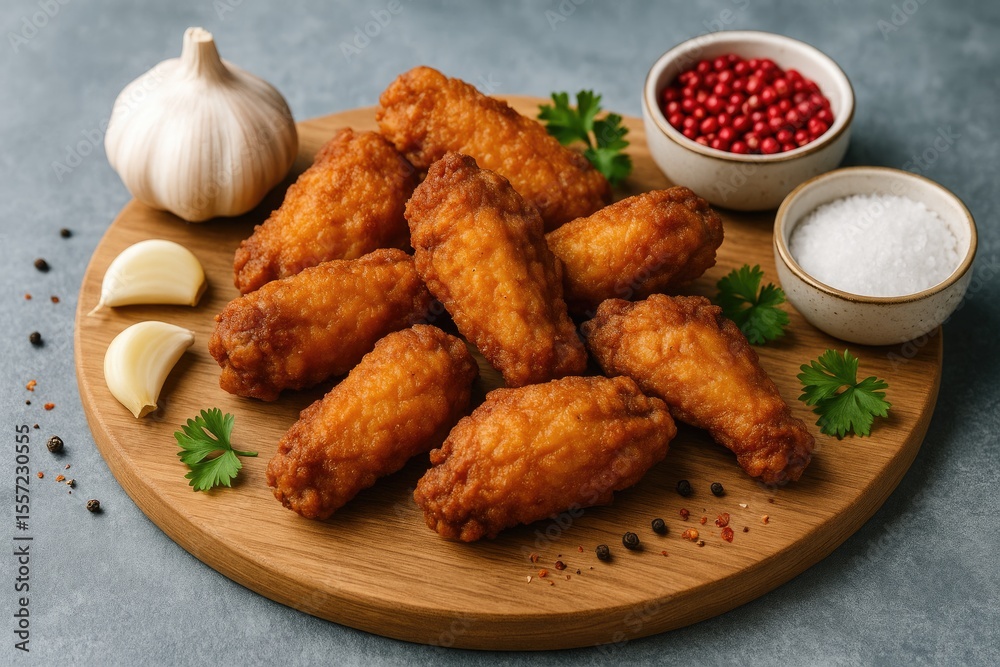 Fototapeta premium Vertical view of crispy chicken wings garnished with garlic and spices on a grey background