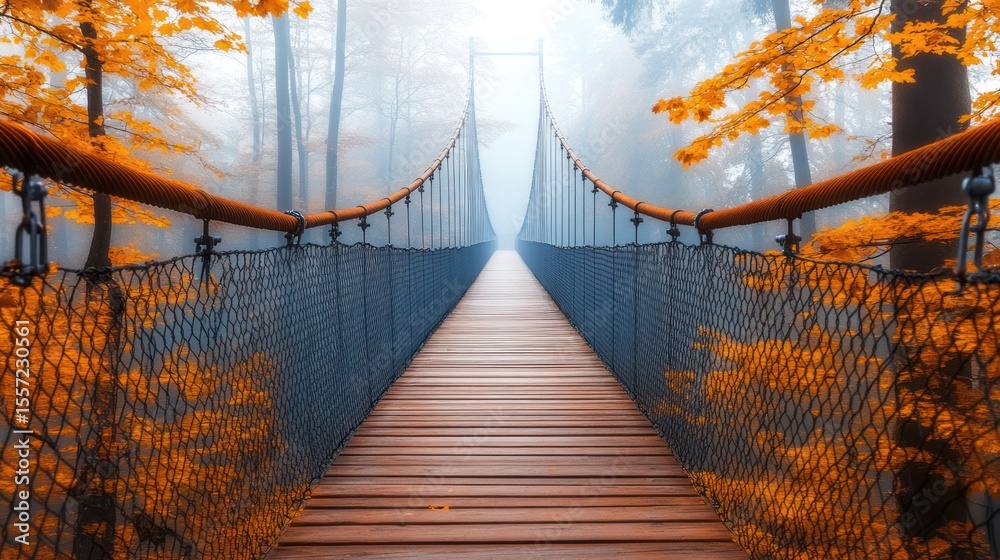 Fototapeta premium Misty autumnal suspension bridge through woods