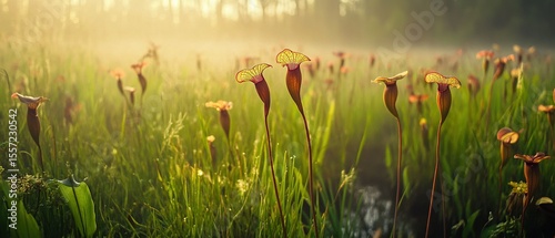 Foggy North Carolina pocosin wetland with carnivorous pitcher plants macro ecosystem shot for botany studies, conservation
