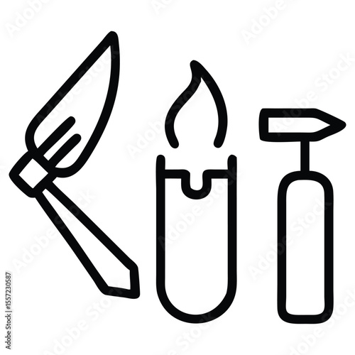 Outline illustration of paint knife, burner, and soldering iron tools