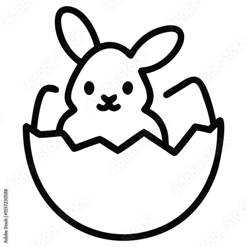 Outline illustration of rabbit emerging from cracked eggshell for springtime designs