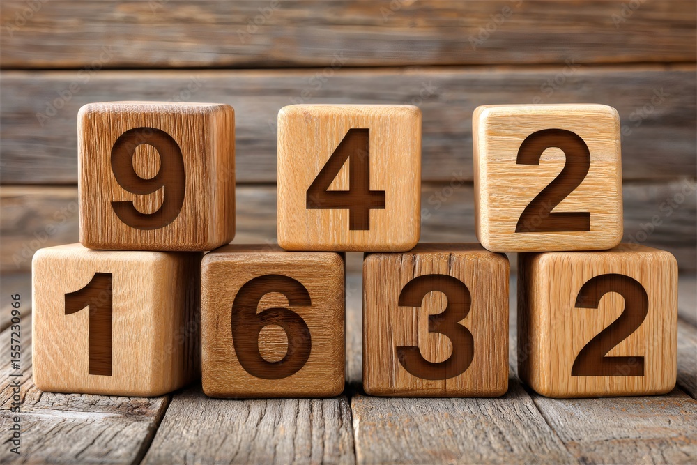Wooden number blocks showing random numbers on rustic wood background Wooden number blocks showing random numbers on rustic wood background