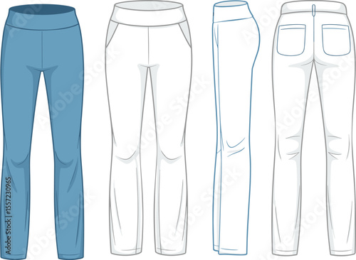 CAD drawing flat vector illustration of women’s trousers, tailored fit, front side and back views, pleated detail, waistband style, fashion sketch template, clothing design mockup