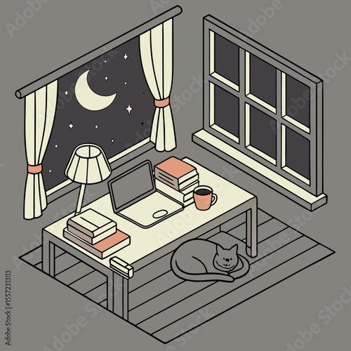 Cozy night study scene with a sleeping cat and a laptop on a desk