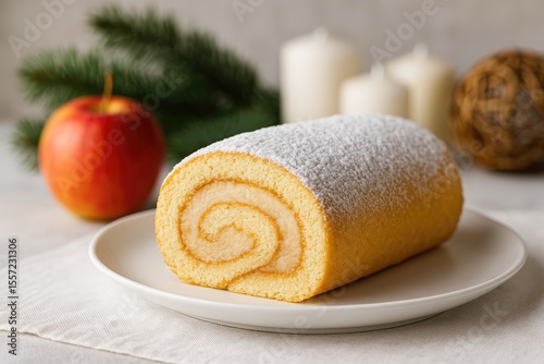 Vanilla-flavored biscuit roll filled with apple cream photo