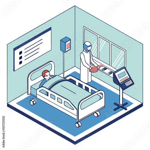 Doctor in protective gear interacts with patient in hospital room with medical equipment