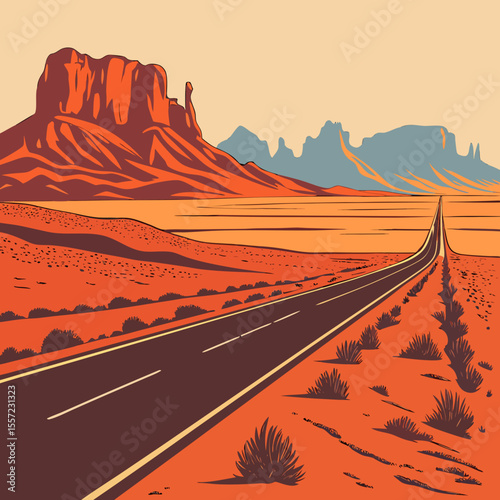 Desert road landscape with red rock formation