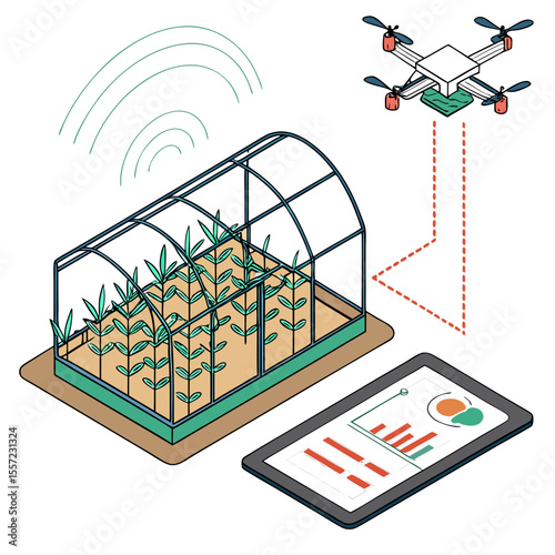 Drone monitors greenhouse crops and displays data on tablet for smart farming