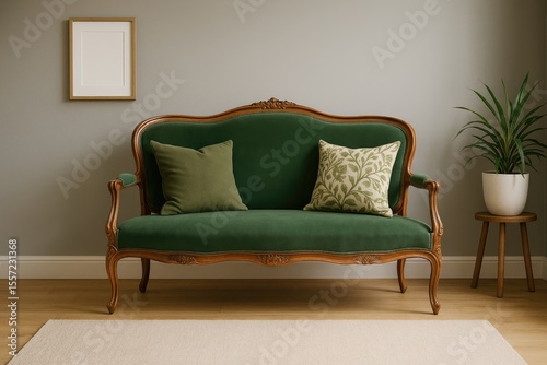 Vintage green upholstered sofa with cushions in contemporary living space