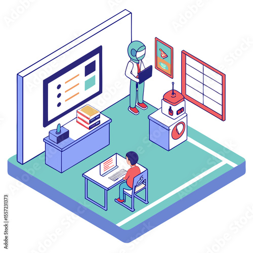 Isometric illustration of people and robot in a modern office with technology and data visualization