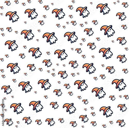 Cute cartoon ghosts wearing orange wizard hats seamless pattern background