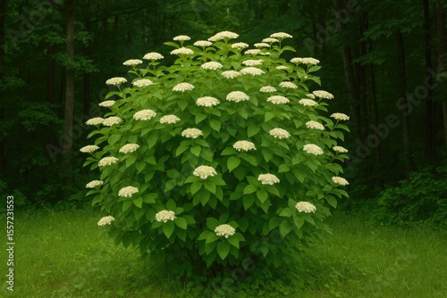 A dense shrubbery bordering a wooded area