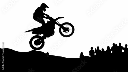 Silhouette of a motocross rider performing a wheelie in front of a crowd on a white background scene