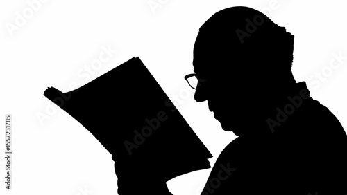 Silhouette of a man with glasses reading a newspaper in black and white against a white background