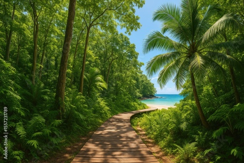 Stunning lush rainforest with pathways and diverse plant life photo