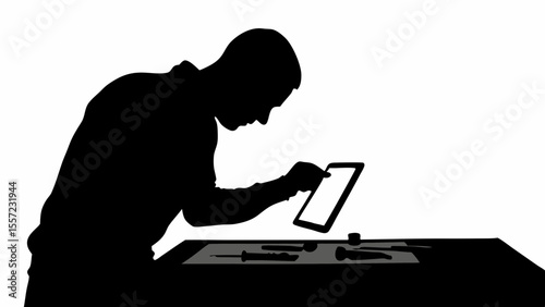 Silhouette of a person repairing a tablet with tools laid out on a table in a focused manner shown