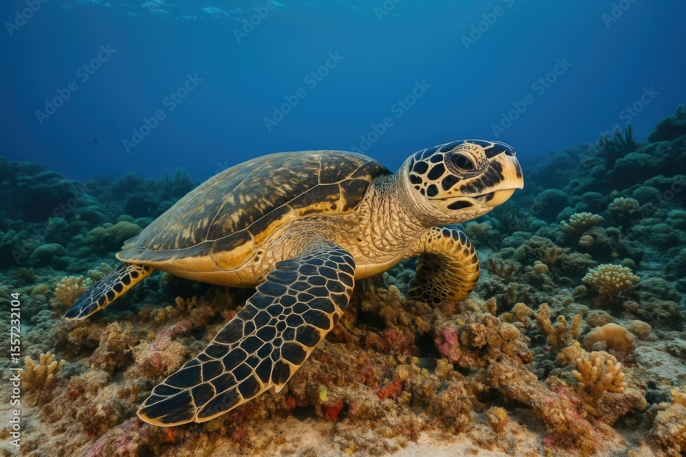 Fototapeta premium A Hawksbill turtle taking a break on a coral reef