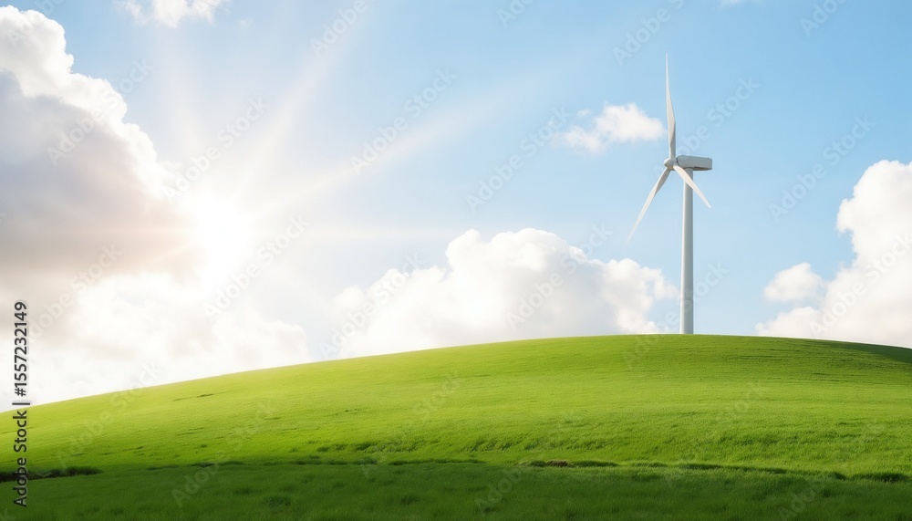 Obraz premium Wind turbine on green hill under bright sunny sky 
