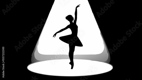 Silhouette of a ballerina in a tutu performing on stage under a bright spotlight in a dark room stage