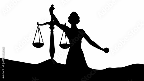 Silhouette of lady justice holding scales of justice in black and white against a bright white background