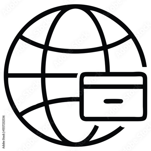 Outline world globe with credit card icon for online payment symbol