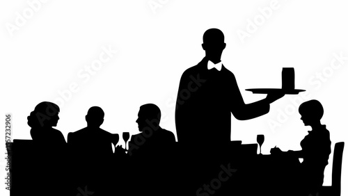 Silhouette of waiter serving drinks to a group of people at a table in a restaurant setting shown in black
