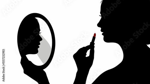 Silhouette of woman applying lipstick while looking at her reflection in a round handheld mirror