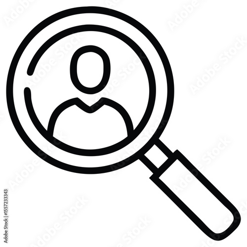 Person icon under magnifying glass in outline style, user search illustration