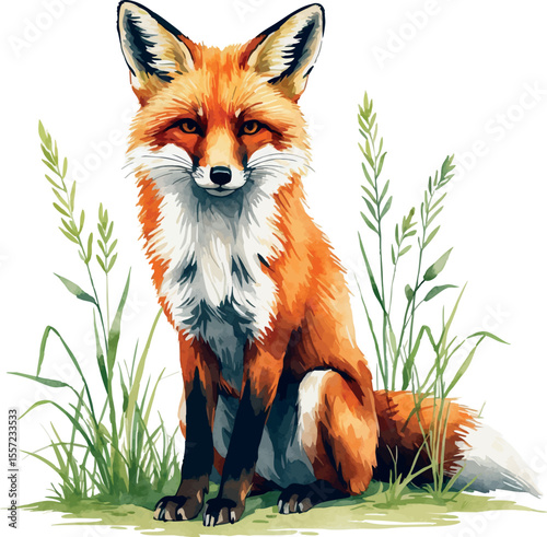 Watercolor style fox sitting in grass detailed vector animal illustration isolated on white