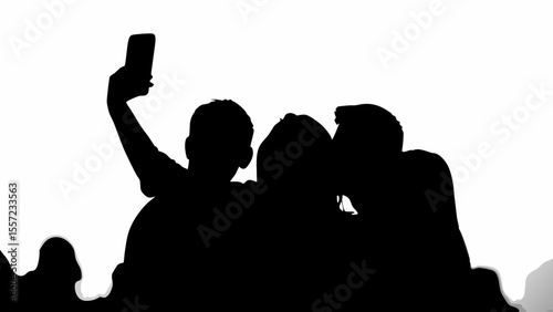 Silhouette of three people taking a selfie with a mobile phone against a bright white background outdoors