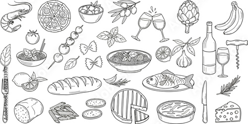 Assorted italian food and drink vector line art culinary illustration