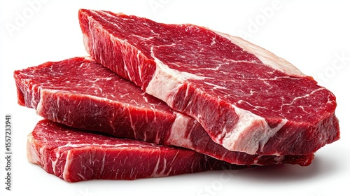 Three fresh raw beef steaks stacked on a white background, culinary ingredient