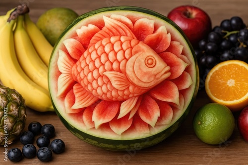 Elegant fish sculpture on a juicy watermelon that reminds me of a loyal companion