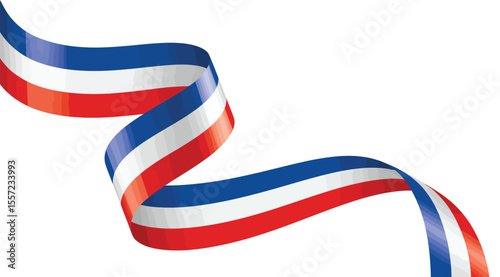 Waving red white blue ribbon symbolizing national pride, patriotism, and celebration with elegant stripes on clean white background