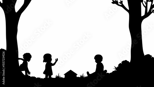 Silhouette of children playing near trees and a small house in a monochrome outdoor scene setting area