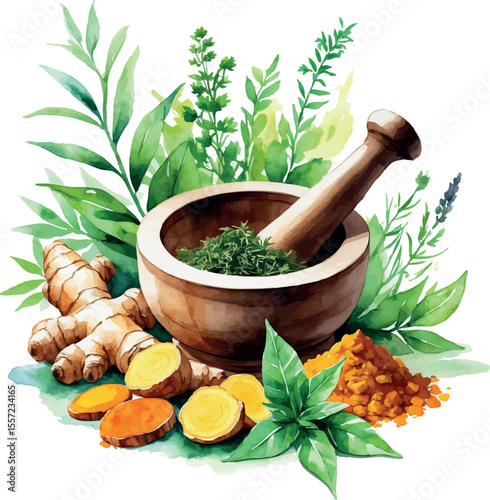 Watercolor ayurvedic herbal ingredients illustration. Traditional wellness herbs and spices with mortar isolated on white background.