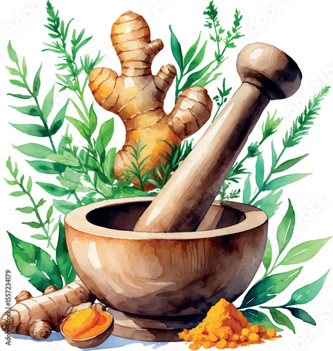 Watercolor ayurvedic herbal ingredients illustration. Traditional wellness herbs and spices with mortar isolated on white background.
