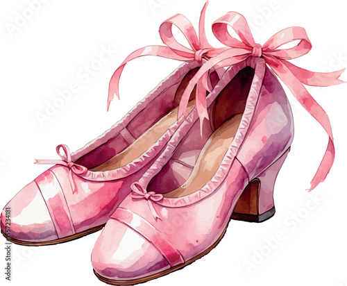 Ballet shoes with ribbons watercolor illustration. Delicate pink dance footwear with artistic transparent paint effects.