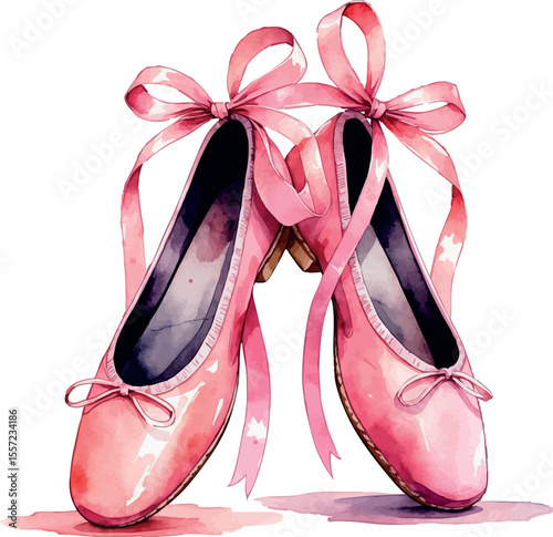 Ballet shoes with ribbons watercolor illustration. Delicate pink dance footwear with artistic transparent paint effects.