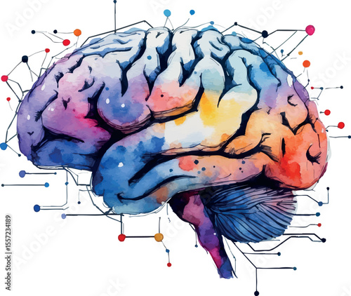 Watercolor brain-shaped neural network as artistic AI technology concept