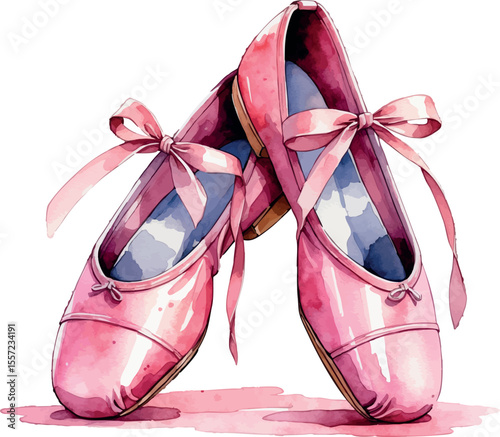 Ballet shoes with ribbons watercolor illustration. Delicate pink dance footwear with artistic transparent paint effects.