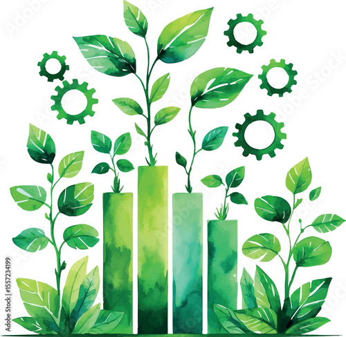 Watercolor growth chart and gears as metaphor for sustainable productivity
