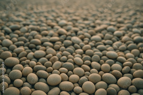 Coastal scene featuring smooth pebbles with a blurred background and subdued colors