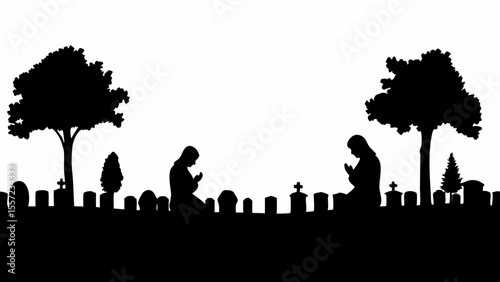 Silhouette of two people praying in a cemetery with trees and tombstones in a somber and reflective scene