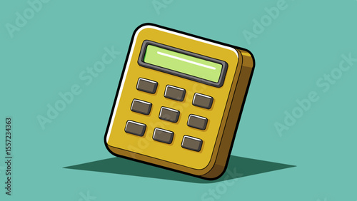 yellow calculator with a blank green screen and brown buttons, depicted with a slight angle and shadow on a teal background.