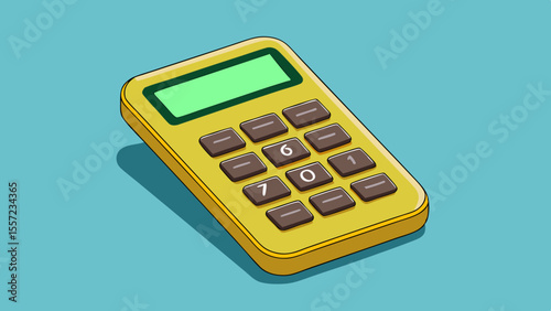 gold colored calculator with brown buttons and a green screen, angled on a blue background.